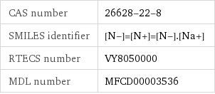 CAS number | 26628-22-8 SMILES identifier | [N-]=[N+]=[N-].[Na+] RTECS number | VY8050000 MDL number | MFCD00003536