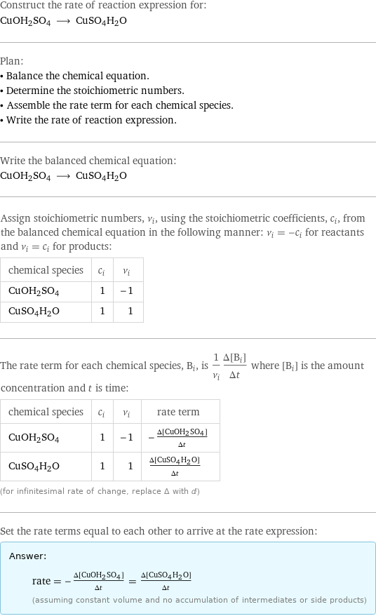 Construct the rate of reaction expression for: CuOH2SO4 ⟶ CuSO4H2O Plan: • Balance the chemical equation. • Determine the stoichiometric numbers. • Assemble the rate term for each chemical species. • Write the rate of reaction expression. Write the balanced chemical equation: CuOH2SO4 ⟶ CuSO4H2O Assign stoichiometric numbers, ν_i, using the stoichiometric coefficients, c_i, from the balanced chemical equation in the following manner: ν_i = -c_i for reactants and ν_i = c_i for products: chemical species | c_i | ν_i CuOH2SO4 | 1 | -1 CuSO4H2O | 1 | 1 The rate term for each chemical species, B_i, is 1/ν_i(Δ[B_i])/(Δt) where [B_i] is the amount concentration and t is time: chemical species | c_i | ν_i | rate term CuOH2SO4 | 1 | -1 | -(Δ[CuOH2SO4])/(Δt) CuSO4H2O | 1 | 1 | (Δ[CuSO4H2O])/(Δt) (for infinitesimal rate of change, replace Δ with d) Set the rate terms equal to each other to arrive at the rate expression: Answer: |   | rate = -(Δ[CuOH2SO4])/(Δt) = (Δ[CuSO4H2O])/(Δt) (assuming constant volume and no accumulation of intermediates or side products)