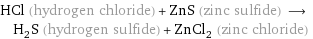 HCl (hydrogen chloride) + ZnS (zinc sulfide) ⟶ H_2S (hydrogen sulfide) + ZnCl_2 (zinc chloride)