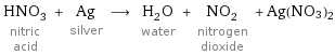HNO_3 nitric acid + Ag silver ⟶ H_2O water + NO_2 nitrogen dioxide + Ag(NO3)2