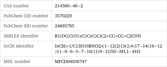 CAS number | 214360-48-2 PubChem CID number | 3570229 PubChem SID number | 24885785 SMILES identifier | B1(OC(C(O1)(C)C)(C)C)C2=CC=CC=C2C#N InChI identifier | InChI=1/C13H16BNO2/c1-12(2)13(3, 4)17-14(16-12)11-8-6-5-7-10(11)9-15/h5-8H, 1-4H3 MDL number | MFCD04038747