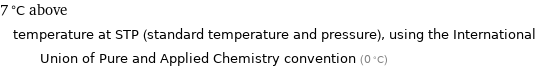 7 °C above temperature at STP (standard temperature and pressure), using the International Union of Pure and Applied Chemistry convention (0 °C)