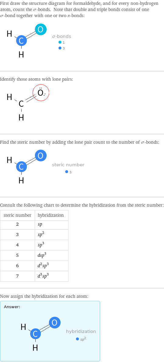 First draw the structure diagram for formaldehyde, and for every non-hydrogen atom, count the σ-bonds. Note that double and triple bonds consist of one σ-bond together with one or two π-bonds:  Identify those atoms with lone pairs:  Find the steric number by adding the lone pair count to the number of σ-bonds:  Consult the following chart to determine the hybridization from the steric number: steric number | hybridization 2 | sp 3 | sp^2 4 | sp^3 5 | dsp^3 6 | d^2sp^3 7 | d^3sp^3 Now assign the hybridization for each atom: Answer: |   | 