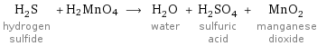 H_2S hydrogen sulfide + H2MnO4 ⟶ H_2O water + H_2SO_4 sulfuric acid + MnO_2 manganese dioxide