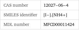 CAS number | 12027-06-4 SMILES identifier | [I-].[NH4+] MDL number | MFCD00011424