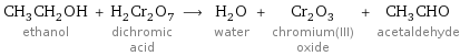 CH_3CH_2OH ethanol + H_2Cr_2O_7 dichromic acid ⟶ H_2O water + Cr_2O_3 chromium(III) oxide + CH_3CHO acetaldehyde