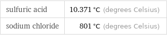 sulfuric acid | 10.371 °C (degrees Celsius) sodium chloride | 801 °C (degrees Celsius)