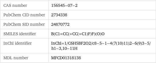CAS number | 156545-07-2 PubChem CID number | 2734338 PubChem SID number | 24870772 SMILES identifier | B(C1=CC(=CC(=C1)F)F)(O)O InChI identifier | InChI=1/C6H5BF2O2/c8-5-1-4(7(10)11)2-6(9)3-5/h1-3, 10-11H MDL number | MFCD01318138