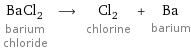 BaCl_2 barium chloride ⟶ Cl_2 chlorine + Ba barium