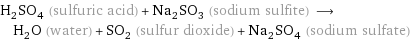 H_2SO_4 (sulfuric acid) + Na_2SO_3 (sodium sulfite) ⟶ H_2O (water) + SO_2 (sulfur dioxide) + Na_2SO_4 (sodium sulfate)