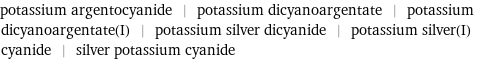 potassium argentocyanide | potassium dicyanoargentate | potassium dicyanoargentate(I) | potassium silver dicyanide | potassium silver(I) cyanide | silver potassium cyanide