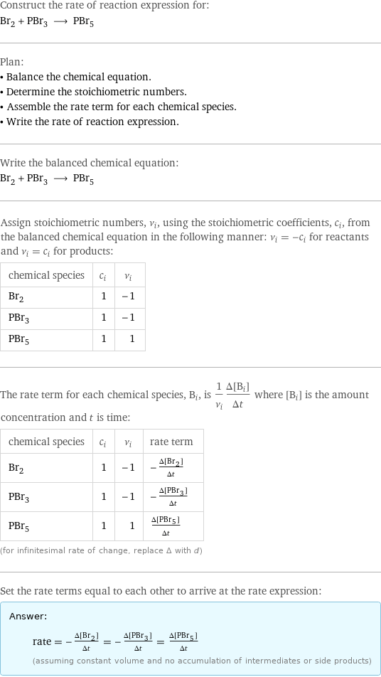 Construct the rate of reaction expression for: Br_2 + PBr_3 ⟶ PBr_5 Plan: • Balance the chemical equation. • Determine the stoichiometric numbers. • Assemble the rate term for each chemical species. • Write the rate of reaction expression. Write the balanced chemical equation: Br_2 + PBr_3 ⟶ PBr_5 Assign stoichiometric numbers, ν_i, using the stoichiometric coefficients, c_i, from the balanced chemical equation in the following manner: ν_i = -c_i for reactants and ν_i = c_i for products: chemical species | c_i | ν_i Br_2 | 1 | -1 PBr_3 | 1 | -1 PBr_5 | 1 | 1 The rate term for each chemical species, B_i, is 1/ν_i(Δ[B_i])/(Δt) where [B_i] is the amount concentration and t is time: chemical species | c_i | ν_i | rate term Br_2 | 1 | -1 | -(Δ[Br2])/(Δt) PBr_3 | 1 | -1 | -(Δ[PBr3])/(Δt) PBr_5 | 1 | 1 | (Δ[PBr5])/(Δt) (for infinitesimal rate of change, replace Δ with d) Set the rate terms equal to each other to arrive at the rate expression: Answer: |   | rate = -(Δ[Br2])/(Δt) = -(Δ[PBr3])/(Δt) = (Δ[PBr5])/(Δt) (assuming constant volume and no accumulation of intermediates or side products)
