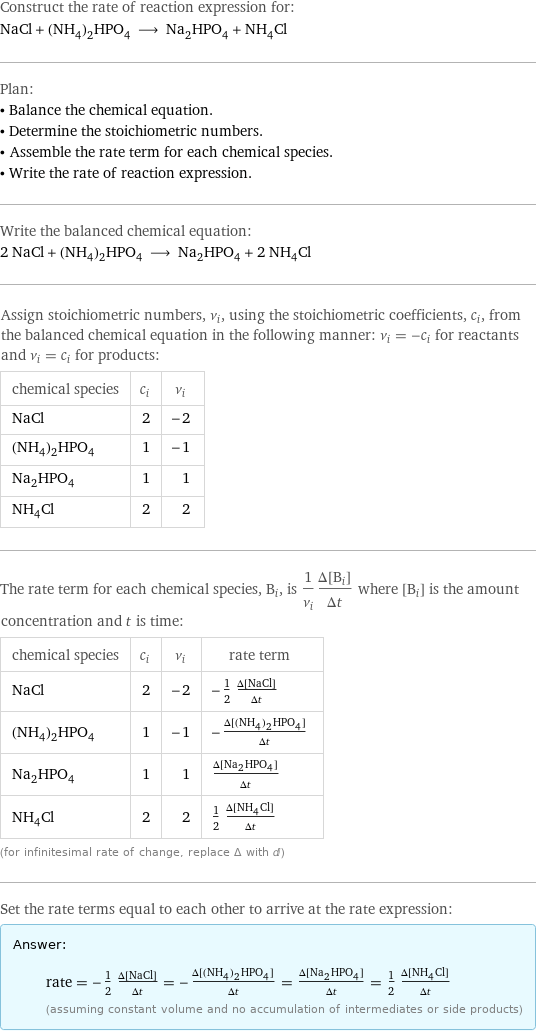 Construct the rate of reaction expression for: NaCl + (NH_4)_2HPO_4 ⟶ Na_2HPO_4 + NH_4Cl Plan: • Balance the chemical equation. • Determine the stoichiometric numbers. • Assemble the rate term for each chemical species. • Write the rate of reaction expression. Write the balanced chemical equation: 2 NaCl + (NH_4)_2HPO_4 ⟶ Na_2HPO_4 + 2 NH_4Cl Assign stoichiometric numbers, ν_i, using the stoichiometric coefficients, c_i, from the balanced chemical equation in the following manner: ν_i = -c_i for reactants and ν_i = c_i for products: chemical species | c_i | ν_i NaCl | 2 | -2 (NH_4)_2HPO_4 | 1 | -1 Na_2HPO_4 | 1 | 1 NH_4Cl | 2 | 2 The rate term for each chemical species, B_i, is 1/ν_i(Δ[B_i])/(Δt) where [B_i] is the amount concentration and t is time: chemical species | c_i | ν_i | rate term NaCl | 2 | -2 | -1/2 (Δ[NaCl])/(Δt) (NH_4)_2HPO_4 | 1 | -1 | -(Δ[(NH4)2HPO4])/(Δt) Na_2HPO_4 | 1 | 1 | (Δ[Na2HPO4])/(Δt) NH_4Cl | 2 | 2 | 1/2 (Δ[NH4Cl])/(Δt) (for infinitesimal rate of change, replace Δ with d) Set the rate terms equal to each other to arrive at the rate expression: Answer: |   | rate = -1/2 (Δ[NaCl])/(Δt) = -(Δ[(NH4)2HPO4])/(Δt) = (Δ[Na2HPO4])/(Δt) = 1/2 (Δ[NH4Cl])/(Δt) (assuming constant volume and no accumulation of intermediates or side products)