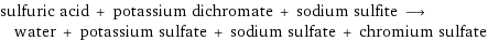 sulfuric acid + potassium dichromate + sodium sulfite ⟶ water + potassium sulfate + sodium sulfate + chromium sulfate