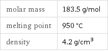 molar mass | 183.5 g/mol melting point | 950 °C density | 4.2 g/cm^3