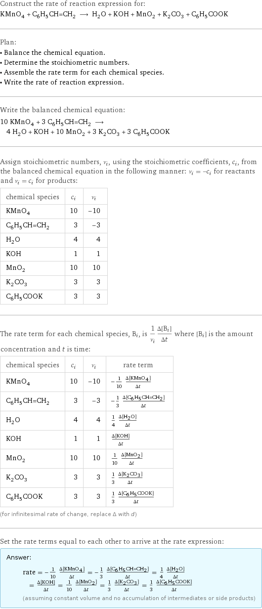 Construct the rate of reaction expression for: KMnO_4 + C_6H_5CH=CH_2 ⟶ H_2O + KOH + MnO_2 + K_2CO_3 + C_6H_5COOK Plan: • Balance the chemical equation. • Determine the stoichiometric numbers. • Assemble the rate term for each chemical species. • Write the rate of reaction expression. Write the balanced chemical equation: 10 KMnO_4 + 3 C_6H_5CH=CH_2 ⟶ 4 H_2O + KOH + 10 MnO_2 + 3 K_2CO_3 + 3 C_6H_5COOK Assign stoichiometric numbers, ν_i, using the stoichiometric coefficients, c_i, from the balanced chemical equation in the following manner: ν_i = -c_i for reactants and ν_i = c_i for products: chemical species | c_i | ν_i KMnO_4 | 10 | -10 C_6H_5CH=CH_2 | 3 | -3 H_2O | 4 | 4 KOH | 1 | 1 MnO_2 | 10 | 10 K_2CO_3 | 3 | 3 C_6H_5COOK | 3 | 3 The rate term for each chemical species, B_i, is 1/ν_i(Δ[B_i])/(Δt) where [B_i] is the amount concentration and t is time: chemical species | c_i | ν_i | rate term KMnO_4 | 10 | -10 | -1/10 (Δ[KMnO4])/(Δt) C_6H_5CH=CH_2 | 3 | -3 | -1/3 (Δ[C6H5CH=CH2])/(Δt) H_2O | 4 | 4 | 1/4 (Δ[H2O])/(Δt) KOH | 1 | 1 | (Δ[KOH])/(Δt) MnO_2 | 10 | 10 | 1/10 (Δ[MnO2])/(Δt) K_2CO_3 | 3 | 3 | 1/3 (Δ[K2CO3])/(Δt) C_6H_5COOK | 3 | 3 | 1/3 (Δ[C6H5COOK])/(Δt) (for infinitesimal rate of change, replace Δ with d) Set the rate terms equal to each other to arrive at the rate expression: Answer: |   | rate = -1/10 (Δ[KMnO4])/(Δt) = -1/3 (Δ[C6H5CH=CH2])/(Δt) = 1/4 (Δ[H2O])/(Δt) = (Δ[KOH])/(Δt) = 1/10 (Δ[MnO2])/(Δt) = 1/3 (Δ[K2CO3])/(Δt) = 1/3 (Δ[C6H5COOK])/(Δt) (assuming constant volume and no accumulation of intermediates or side products)