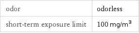 odor | odorless short-term exposure limit | 100 mg/m^3