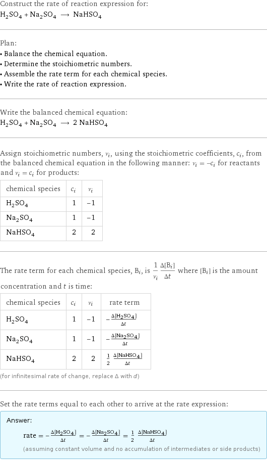 Construct the rate of reaction expression for: H_2SO_4 + Na_2SO_4 ⟶ NaHSO_4 Plan: • Balance the chemical equation. • Determine the stoichiometric numbers. • Assemble the rate term for each chemical species. • Write the rate of reaction expression. Write the balanced chemical equation: H_2SO_4 + Na_2SO_4 ⟶ 2 NaHSO_4 Assign stoichiometric numbers, ν_i, using the stoichiometric coefficients, c_i, from the balanced chemical equation in the following manner: ν_i = -c_i for reactants and ν_i = c_i for products: chemical species | c_i | ν_i H_2SO_4 | 1 | -1 Na_2SO_4 | 1 | -1 NaHSO_4 | 2 | 2 The rate term for each chemical species, B_i, is 1/ν_i(Δ[B_i])/(Δt) where [B_i] is the amount concentration and t is time: chemical species | c_i | ν_i | rate term H_2SO_4 | 1 | -1 | -(Δ[H2SO4])/(Δt) Na_2SO_4 | 1 | -1 | -(Δ[Na2SO4])/(Δt) NaHSO_4 | 2 | 2 | 1/2 (Δ[NaHSO4])/(Δt) (for infinitesimal rate of change, replace Δ with d) Set the rate terms equal to each other to arrive at the rate expression: Answer: |   | rate = -(Δ[H2SO4])/(Δt) = -(Δ[Na2SO4])/(Δt) = 1/2 (Δ[NaHSO4])/(Δt) (assuming constant volume and no accumulation of intermediates or side products)