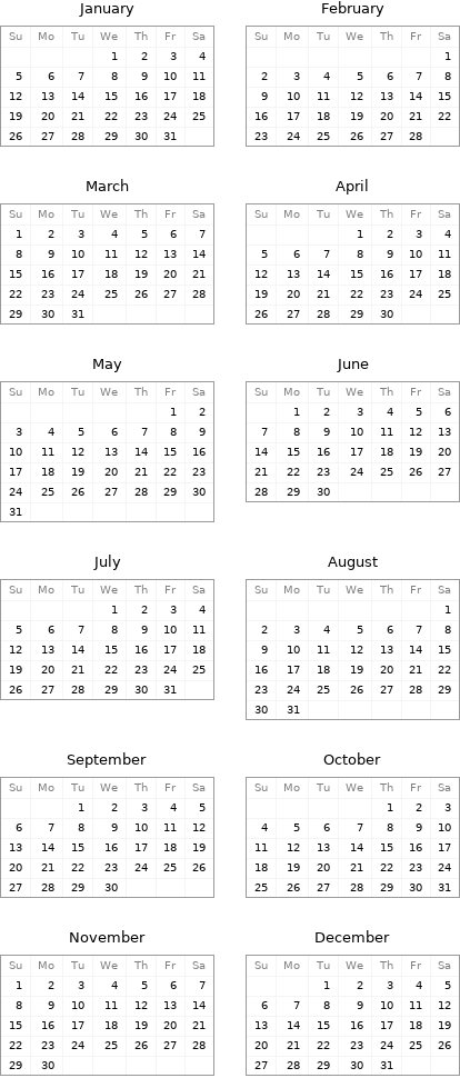 January Su | Mo | Tu | We | Th | Fr | Sa  | | | 1 | 2 | 3 | 4 5 | 6 | 7 | 8 | 9 | 10 | 11 12 | 13 | 14 | 15 | 16 | 17 | 18 19 | 20 | 21 | 22 | 23 | 24 | 25 26 | 27 | 28 | 29 | 30 | 31 | | February Su | Mo | Tu | We | Th | Fr | Sa  | | | | | | 1 2 | 3 | 4 | 5 | 6 | 7 | 8 9 | 10 | 11 | 12 | 13 | 14 | 15 16 | 17 | 18 | 19 | 20 | 21 | 22 23 | 24 | 25 | 26 | 27 | 28 |  March Su | Mo | Tu | We | Th | Fr | Sa 1 | 2 | 3 | 4 | 5 | 6 | 7 8 | 9 | 10 | 11 | 12 | 13 | 14 15 | 16 | 17 | 18 | 19 | 20 | 21 22 | 23 | 24 | 25 | 26 | 27 | 28 29 | 30 | 31 | | | | | April Su | Mo | Tu | We | Th | Fr | Sa  | | | 1 | 2 | 3 | 4 5 | 6 | 7 | 8 | 9 | 10 | 11 12 | 13 | 14 | 15 | 16 | 17 | 18 19 | 20 | 21 | 22 | 23 | 24 | 25 26 | 27 | 28 | 29 | 30 | |  May Su | Mo | Tu | We | Th | Fr | Sa  | | | | | 1 | 2 3 | 4 | 5 | 6 | 7 | 8 | 9 10 | 11 | 12 | 13 | 14 | 15 | 16 17 | 18 | 19 | 20 | 21 | 22 | 23 24 | 25 | 26 | 27 | 28 | 29 | 30 31 | | | | | | | June Su | Mo | Tu | We | Th | Fr | Sa  | 1 | 2 | 3 | 4 | 5 | 6 7 | 8 | 9 | 10 | 11 | 12 | 13 14 | 15 | 16 | 17 | 18 | 19 | 20 21 | 22 | 23 | 24 | 25 | 26 | 27 28 | 29 | 30 | | | |  July Su | Mo | Tu | We | Th | Fr | Sa  | | | 1 | 2 | 3 | 4 5 | 6 | 7 | 8 | 9 | 10 | 11 12 | 13 | 14 | 15 | 16 | 17 | 18 19 | 20 | 21 | 22 | 23 | 24 | 25 26 | 27 | 28 | 29 | 30 | 31 | | August Su | Mo | Tu | We | Th | Fr | Sa  | | | | | | 1 2 | 3 | 4 | 5 | 6 | 7 | 8 9 | 10 | 11 | 12 | 13 | 14 | 15 16 | 17 | 18 | 19 | 20 | 21 | 22 23 | 24 | 25 | 26 | 27 | 28 | 29 30 | 31 | | | | |  September Su | Mo | Tu | We | Th | Fr | Sa  | | 1 | 2 | 3 | 4 | 5 6 | 7 | 8 | 9 | 10 | 11 | 12 13 | 14 | 15 | 16 | 17 | 18 | 19 20 | 21 | 22 | 23 | 24 | 25 | 26 27 | 28 | 29 | 30 | | | | October Su | Mo | Tu | We | Th | Fr | Sa  | | | | 1 | 2 | 3 4 | 5 | 6 | 7 | 8 | 9 | 10 11 | 12 | 13 | 14 | 15 | 16 | 17 18 | 19 | 20 | 21 | 22 | 23 | 24 25 | 26 | 27 | 28 | 29 | 30 | 31 November Su | Mo | Tu | We | Th | Fr | Sa 1 | 2 | 3 | 4 | 5 | 6 | 7 8 | 9 | 10 | 11 | 12 | 13 | 14 15 | 16 | 17 | 18 | 19 | 20 | 21 22 | 23 | 24 | 25 | 26 | 27 | 28 29 | 30 | | | | | | December Su | Mo | Tu | We | Th | Fr | Sa  | | 1 | 2 | 3 | 4 | 5 6 | 7 | 8 | 9 | 10 | 11 | 12 13 | 14 | 15 | 16 | 17 | 18 | 19 20 | 21 | 22 | 23 | 24 | 25 | 26 27 | 28 | 29 | 30 | 31 | | 