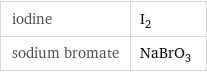 iodine | I_2 sodium bromate | NaBrO_3