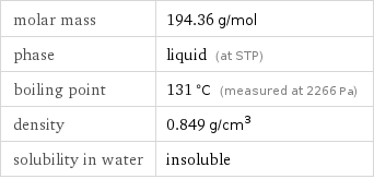 molar mass | 194.36 g/mol phase | liquid (at STP) boiling point | 131 °C (measured at 2266 Pa) density | 0.849 g/cm^3 solubility in water | insoluble