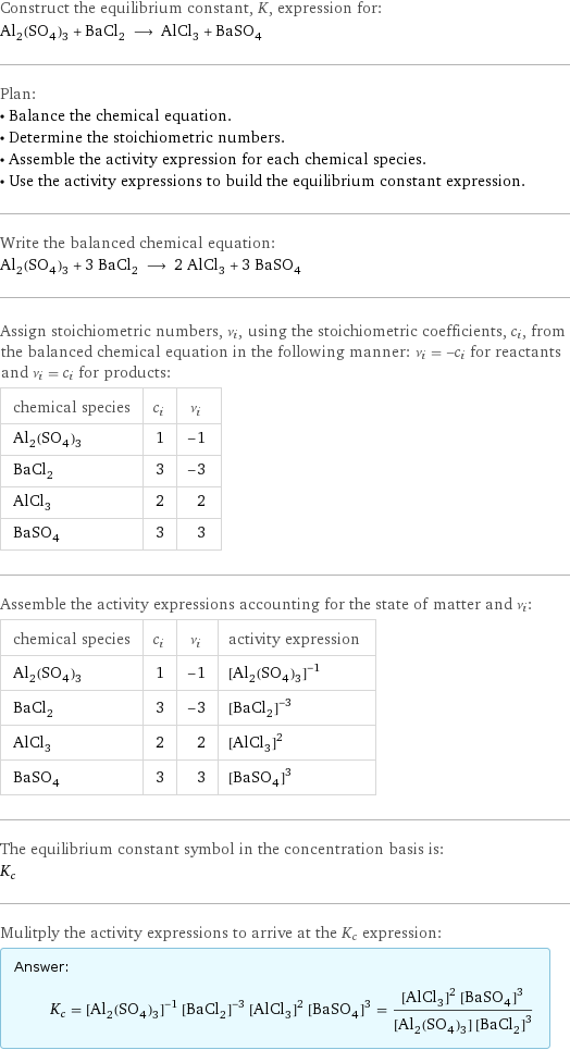 Construct the equilibrium constant, K, expression for: Al_2(SO_4)_3 + BaCl_2 ⟶ AlCl_3 + BaSO_4 Plan: • Balance the chemical equation. • Determine the stoichiometric numbers. • Assemble the activity expression for each chemical species. • Use the activity expressions to build the equilibrium constant expression. Write the balanced chemical equation: Al_2(SO_4)_3 + 3 BaCl_2 ⟶ 2 AlCl_3 + 3 BaSO_4 Assign stoichiometric numbers, ν_i, using the stoichiometric coefficients, c_i, from the balanced chemical equation in the following manner: ν_i = -c_i for reactants and ν_i = c_i for products: chemical species | c_i | ν_i Al_2(SO_4)_3 | 1 | -1 BaCl_2 | 3 | -3 AlCl_3 | 2 | 2 BaSO_4 | 3 | 3 Assemble the activity expressions accounting for the state of matter and ν_i: chemical species | c_i | ν_i | activity expression Al_2(SO_4)_3 | 1 | -1 | ([Al2(SO4)3])^(-1) BaCl_2 | 3 | -3 | ([BaCl2])^(-3) AlCl_3 | 2 | 2 | ([AlCl3])^2 BaSO_4 | 3 | 3 | ([BaSO4])^3 The equilibrium constant symbol in the concentration basis is: K_c Mulitply the activity expressions to arrive at the K_c expression: Answer: |   | K_c = ([Al2(SO4)3])^(-1) ([BaCl2])^(-3) ([AlCl3])^2 ([BaSO4])^3 = (([AlCl3])^2 ([BaSO4])^3)/([Al2(SO4)3] ([BaCl2])^3)