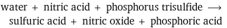 water + nitric acid + phosphorus trisulfide ⟶ sulfuric acid + nitric oxide + phosphoric acid