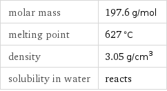 molar mass | 197.6 g/mol melting point | 627 °C density | 3.05 g/cm^3 solubility in water | reacts