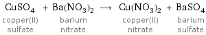 CuSO_4 copper(II) sulfate + Ba(NO_3)_2 barium nitrate ⟶ Cu(NO_3)_2 copper(II) nitrate + BaSO_4 barium sulfate