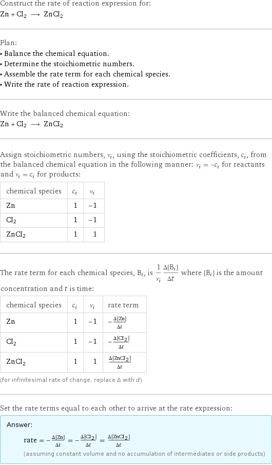 Construct the rate of reaction expression for: Zn + CI2 ⟶ ZnCI2 Plan: • Balance the chemical equation. • Determine the stoichiometric numbers. • Assemble the rate term for each chemical species. • Write the rate of reaction expression. Write the balanced chemical equation: Zn + CI2 ⟶ ZnCI2 Assign stoichiometric numbers, ν_i, using the stoichiometric coefficients, c_i, from the balanced chemical equation in the following manner: ν_i = -c_i for reactants and ν_i = c_i for products: chemical species | c_i | ν_i Zn | 1 | -1 CI2 | 1 | -1 ZnCI2 | 1 | 1 The rate term for each chemical species, B_i, is 1/ν_i(Δ[B_i])/(Δt) where [B_i] is the amount concentration and t is time: chemical species | c_i | ν_i | rate term Zn | 1 | -1 | -(Δ[Zn])/(Δt) CI2 | 1 | -1 | -(Δ[CI2])/(Δt) ZnCI2 | 1 | 1 | (Δ[ZnCI2])/(Δt) (for infinitesimal rate of change, replace Δ with d) Set the rate terms equal to each other to arrive at the rate expression: Answer: |   | rate = -(Δ[Zn])/(Δt) = -(Δ[CI2])/(Δt) = (Δ[ZnCI2])/(Δt) (assuming constant volume and no accumulation of intermediates or side products)