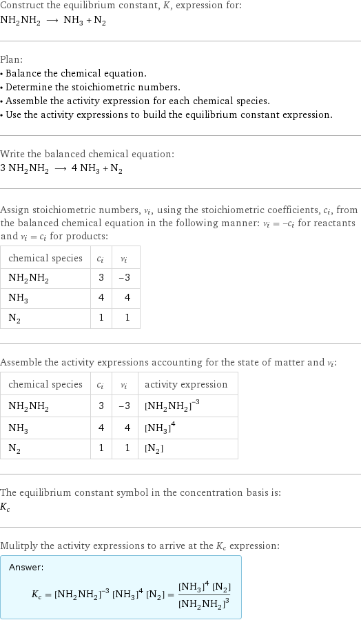 Construct the equilibrium constant, K, expression for: NH_2NH_2 ⟶ NH_3 + N_2 Plan: • Balance the chemical equation. • Determine the stoichiometric numbers. • Assemble the activity expression for each chemical species. • Use the activity expressions to build the equilibrium constant expression. Write the balanced chemical equation: 3 NH_2NH_2 ⟶ 4 NH_3 + N_2 Assign stoichiometric numbers, ν_i, using the stoichiometric coefficients, c_i, from the balanced chemical equation in the following manner: ν_i = -c_i for reactants and ν_i = c_i for products: chemical species | c_i | ν_i NH_2NH_2 | 3 | -3 NH_3 | 4 | 4 N_2 | 1 | 1 Assemble the activity expressions accounting for the state of matter and ν_i: chemical species | c_i | ν_i | activity expression NH_2NH_2 | 3 | -3 | ([NH2NH2])^(-3) NH_3 | 4 | 4 | ([NH3])^4 N_2 | 1 | 1 | [N2] The equilibrium constant symbol in the concentration basis is: K_c Mulitply the activity expressions to arrive at the K_c expression: Answer: |   | K_c = ([NH2NH2])^(-3) ([NH3])^4 [N2] = (([NH3])^4 [N2])/([NH2NH2])^3