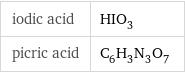 iodic acid | HIO_3 picric acid | C_6H_3N_3O_7