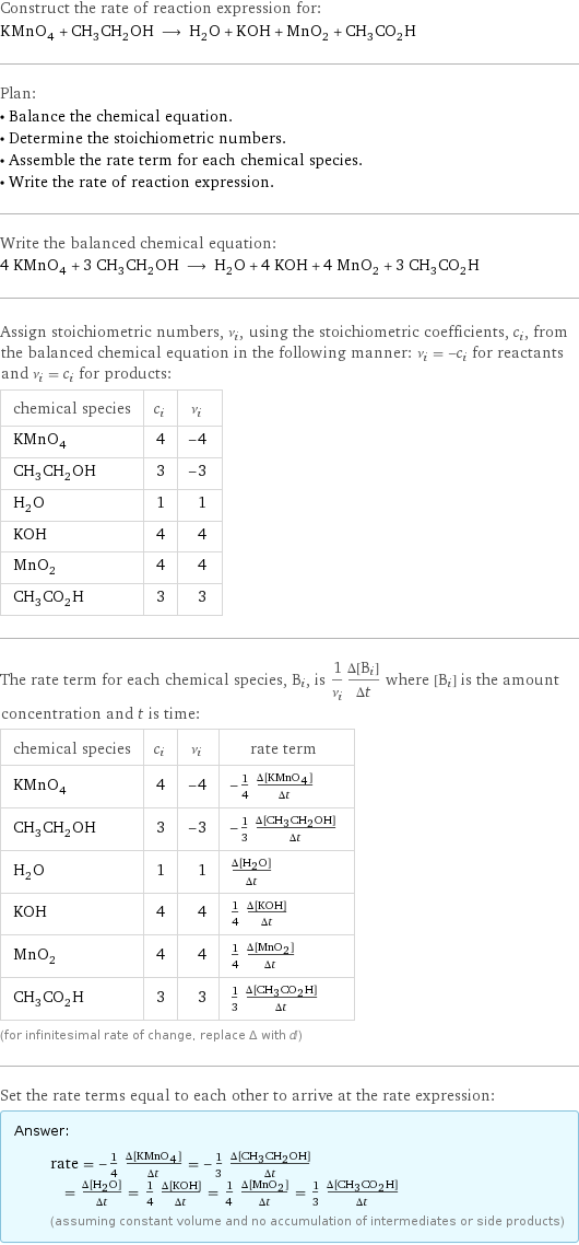 Construct the rate of reaction expression for: KMnO_4 + CH_3CH_2OH ⟶ H_2O + KOH + MnO_2 + CH_3CO_2H Plan: • Balance the chemical equation. • Determine the stoichiometric numbers. • Assemble the rate term for each chemical species. • Write the rate of reaction expression. Write the balanced chemical equation: 4 KMnO_4 + 3 CH_3CH_2OH ⟶ H_2O + 4 KOH + 4 MnO_2 + 3 CH_3CO_2H Assign stoichiometric numbers, ν_i, using the stoichiometric coefficients, c_i, from the balanced chemical equation in the following manner: ν_i = -c_i for reactants and ν_i = c_i for products: chemical species | c_i | ν_i KMnO_4 | 4 | -4 CH_3CH_2OH | 3 | -3 H_2O | 1 | 1 KOH | 4 | 4 MnO_2 | 4 | 4 CH_3CO_2H | 3 | 3 The rate term for each chemical species, B_i, is 1/ν_i(Δ[B_i])/(Δt) where [B_i] is the amount concentration and t is time: chemical species | c_i | ν_i | rate term KMnO_4 | 4 | -4 | -1/4 (Δ[KMnO4])/(Δt) CH_3CH_2OH | 3 | -3 | -1/3 (Δ[CH3CH2OH])/(Δt) H_2O | 1 | 1 | (Δ[H2O])/(Δt) KOH | 4 | 4 | 1/4 (Δ[KOH])/(Δt) MnO_2 | 4 | 4 | 1/4 (Δ[MnO2])/(Δt) CH_3CO_2H | 3 | 3 | 1/3 (Δ[CH3CO2H])/(Δt) (for infinitesimal rate of change, replace Δ with d) Set the rate terms equal to each other to arrive at the rate expression: Answer: |   | rate = -1/4 (Δ[KMnO4])/(Δt) = -1/3 (Δ[CH3CH2OH])/(Δt) = (Δ[H2O])/(Δt) = 1/4 (Δ[KOH])/(Δt) = 1/4 (Δ[MnO2])/(Δt) = 1/3 (Δ[CH3CO2H])/(Δt) (assuming constant volume and no accumulation of intermediates or side products)