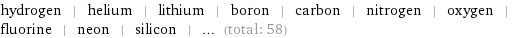 hydrogen | helium | lithium | boron | carbon | nitrogen | oxygen | fluorine | neon | silicon | ... (total: 58)