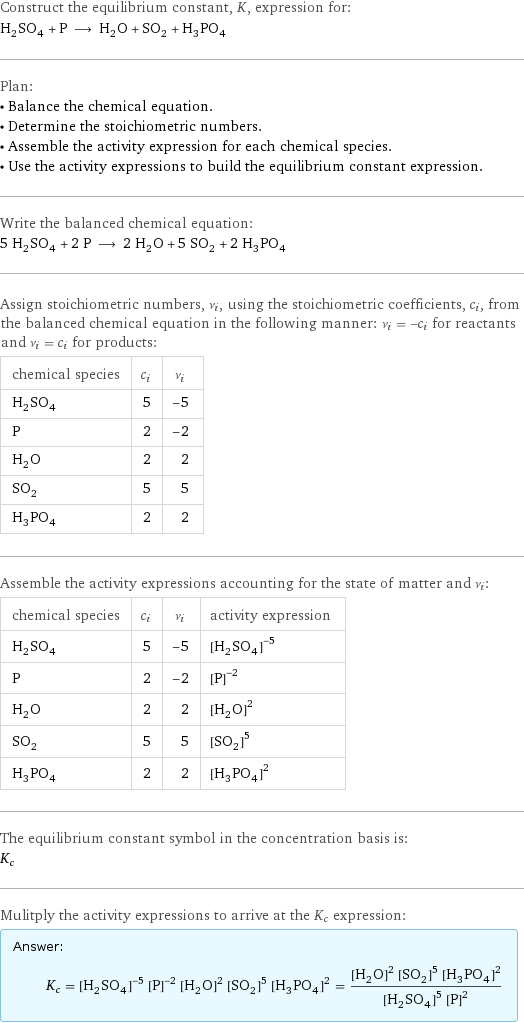 Construct the equilibrium constant, K, expression for: H_2SO_4 + P ⟶ H_2O + SO_2 + H_3PO_4 Plan: • Balance the chemical equation. • Determine the stoichiometric numbers. • Assemble the activity expression for each chemical species. • Use the activity expressions to build the equilibrium constant expression. Write the balanced chemical equation: 5 H_2SO_4 + 2 P ⟶ 2 H_2O + 5 SO_2 + 2 H_3PO_4 Assign stoichiometric numbers, ν_i, using the stoichiometric coefficients, c_i, from the balanced chemical equation in the following manner: ν_i = -c_i for reactants and ν_i = c_i for products: chemical species | c_i | ν_i H_2SO_4 | 5 | -5 P | 2 | -2 H_2O | 2 | 2 SO_2 | 5 | 5 H_3PO_4 | 2 | 2 Assemble the activity expressions accounting for the state of matter and ν_i: chemical species | c_i | ν_i | activity expression H_2SO_4 | 5 | -5 | ([H2SO4])^(-5) P | 2 | -2 | ([P])^(-2) H_2O | 2 | 2 | ([H2O])^2 SO_2 | 5 | 5 | ([SO2])^5 H_3PO_4 | 2 | 2 | ([H3PO4])^2 The equilibrium constant symbol in the concentration basis is: K_c Mulitply the activity expressions to arrive at the K_c expression: Answer: |   | K_c = ([H2SO4])^(-5) ([P])^(-2) ([H2O])^2 ([SO2])^5 ([H3PO4])^2 = (([H2O])^2 ([SO2])^5 ([H3PO4])^2)/(([H2SO4])^5 ([P])^2)