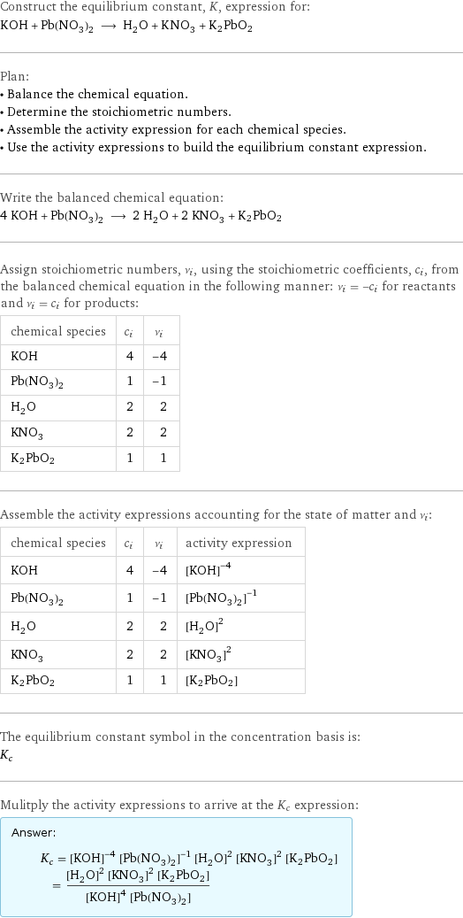 Construct the equilibrium constant, K, expression for: KOH + Pb(NO_3)_2 ⟶ H_2O + KNO_3 + K2PbO2 Plan: • Balance the chemical equation. • Determine the stoichiometric numbers. • Assemble the activity expression for each chemical species. • Use the activity expressions to build the equilibrium constant expression. Write the balanced chemical equation: 4 KOH + Pb(NO_3)_2 ⟶ 2 H_2O + 2 KNO_3 + K2PbO2 Assign stoichiometric numbers, ν_i, using the stoichiometric coefficients, c_i, from the balanced chemical equation in the following manner: ν_i = -c_i for reactants and ν_i = c_i for products: chemical species | c_i | ν_i KOH | 4 | -4 Pb(NO_3)_2 | 1 | -1 H_2O | 2 | 2 KNO_3 | 2 | 2 K2PbO2 | 1 | 1 Assemble the activity expressions accounting for the state of matter and ν_i: chemical species | c_i | ν_i | activity expression KOH | 4 | -4 | ([KOH])^(-4) Pb(NO_3)_2 | 1 | -1 | ([Pb(NO3)2])^(-1) H_2O | 2 | 2 | ([H2O])^2 KNO_3 | 2 | 2 | ([KNO3])^2 K2PbO2 | 1 | 1 | [K2PbO2] The equilibrium constant symbol in the concentration basis is: K_c Mulitply the activity expressions to arrive at the K_c expression: Answer: |   | K_c = ([KOH])^(-4) ([Pb(NO3)2])^(-1) ([H2O])^2 ([KNO3])^2 [K2PbO2] = (([H2O])^2 ([KNO3])^2 [K2PbO2])/(([KOH])^4 [Pb(NO3)2])