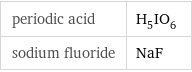 periodic acid | H_5IO_6 sodium fluoride | NaF