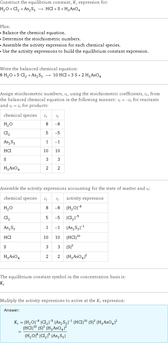 Construct the equilibrium constant, K, expression for: H_2O + Cl_2 + As_2S_3 ⟶ HCl + S + H_3AsO_4 Plan: • Balance the chemical equation. • Determine the stoichiometric numbers. • Assemble the activity expression for each chemical species. • Use the activity expressions to build the equilibrium constant expression. Write the balanced chemical equation: 8 H_2O + 5 Cl_2 + As_2S_3 ⟶ 10 HCl + 3 S + 2 H_3AsO_4 Assign stoichiometric numbers, ν_i, using the stoichiometric coefficients, c_i, from the balanced chemical equation in the following manner: ν_i = -c_i for reactants and ν_i = c_i for products: chemical species | c_i | ν_i H_2O | 8 | -8 Cl_2 | 5 | -5 As_2S_3 | 1 | -1 HCl | 10 | 10 S | 3 | 3 H_3AsO_4 | 2 | 2 Assemble the activity expressions accounting for the state of matter and ν_i: chemical species | c_i | ν_i | activity expression H_2O | 8 | -8 | ([H2O])^(-8) Cl_2 | 5 | -5 | ([Cl2])^(-5) As_2S_3 | 1 | -1 | ([As2S3])^(-1) HCl | 10 | 10 | ([HCl])^10 S | 3 | 3 | ([S])^3 H_3AsO_4 | 2 | 2 | ([H3AsO4])^2 The equilibrium constant symbol in the concentration basis is: K_c Mulitply the activity expressions to arrive at the K_c expression: Answer: |   | K_c = ([H2O])^(-8) ([Cl2])^(-5) ([As2S3])^(-1) ([HCl])^10 ([S])^3 ([H3AsO4])^2 = (([HCl])^10 ([S])^3 ([H3AsO4])^2)/(([H2O])^8 ([Cl2])^5 [As2S3])
