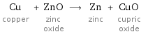 Cu copper + ZnO zinc oxide ⟶ Zn zinc + CuO cupric oxide