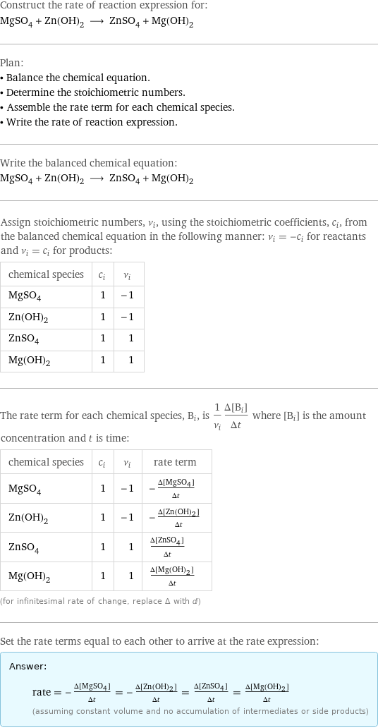 Construct the rate of reaction expression for: MgSO_4 + Zn(OH)_2 ⟶ ZnSO_4 + Mg(OH)_2 Plan: • Balance the chemical equation. • Determine the stoichiometric numbers. • Assemble the rate term for each chemical species. • Write the rate of reaction expression. Write the balanced chemical equation: MgSO_4 + Zn(OH)_2 ⟶ ZnSO_4 + Mg(OH)_2 Assign stoichiometric numbers, ν_i, using the stoichiometric coefficients, c_i, from the balanced chemical equation in the following manner: ν_i = -c_i for reactants and ν_i = c_i for products: chemical species | c_i | ν_i MgSO_4 | 1 | -1 Zn(OH)_2 | 1 | -1 ZnSO_4 | 1 | 1 Mg(OH)_2 | 1 | 1 The rate term for each chemical species, B_i, is 1/ν_i(Δ[B_i])/(Δt) where [B_i] is the amount concentration and t is time: chemical species | c_i | ν_i | rate term MgSO_4 | 1 | -1 | -(Δ[MgSO4])/(Δt) Zn(OH)_2 | 1 | -1 | -(Δ[Zn(OH)2])/(Δt) ZnSO_4 | 1 | 1 | (Δ[ZnSO4])/(Δt) Mg(OH)_2 | 1 | 1 | (Δ[Mg(OH)2])/(Δt) (for infinitesimal rate of change, replace Δ with d) Set the rate terms equal to each other to arrive at the rate expression: Answer: |   | rate = -(Δ[MgSO4])/(Δt) = -(Δ[Zn(OH)2])/(Δt) = (Δ[ZnSO4])/(Δt) = (Δ[Mg(OH)2])/(Δt) (assuming constant volume and no accumulation of intermediates or side products)