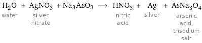 H_2O water + AgNO_3 silver nitrate + Na3AsO3 ⟶ HNO_3 nitric acid + Ag silver + AsNa_3O_4 arsenic acid, trisodium salt