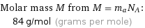 Molar mass M from M = m_aN_A:  | 84 g/mol (grams per mole)