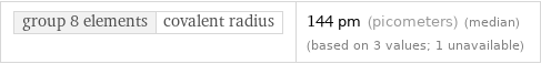 group 8 elements | covalent radius | 144 pm (picometers) (median) (based on 3 values; 1 unavailable)