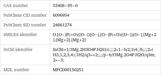 CAS number | 53408-95-0 PubChem CID number | 6096954 PubChem SID number | 24861274 SMILES identifier | O.[O-]P(=O)([O-])[O-].[O-]P(=O)([O-])[O-].[Mg+2].[Mg+2].[Mg+2] InChI identifier | InChI=1/3Mg.2H3O4P.H2O/c;;;2*1-5(2, 3)4;/h;;;2*(H3, 1, 2, 3, 4);1H2/q3*+2;;;/p-6/f3Mg.2O4P.H2O/q3m;2*-3; MDL number | MFCD00150251