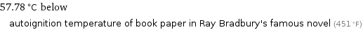 57.78 °C below autoignition temperature of book paper in Ray Bradbury's famous novel (451 °F)