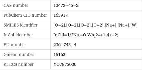 CAS number | 13472-45-2 PubChem CID number | 165917 SMILES identifier | [O-2].[O-2].[O-2].[O-2].[Na+].[Na+].[W] InChI identifier | InChI=1/2Na.4O.W/q2*+1;4*-2; EU number | 236-743-4 Gmelin number | 15163 RTECS number | YO7875000