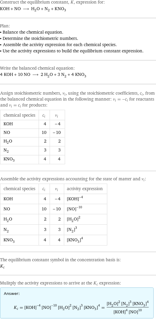 Construct the equilibrium constant, K, expression for: KOH + NO ⟶ H_2O + N_2 + KNO_3 Plan: • Balance the chemical equation. • Determine the stoichiometric numbers. • Assemble the activity expression for each chemical species. • Use the activity expressions to build the equilibrium constant expression. Write the balanced chemical equation: 4 KOH + 10 NO ⟶ 2 H_2O + 3 N_2 + 4 KNO_3 Assign stoichiometric numbers, ν_i, using the stoichiometric coefficients, c_i, from the balanced chemical equation in the following manner: ν_i = -c_i for reactants and ν_i = c_i for products: chemical species | c_i | ν_i KOH | 4 | -4 NO | 10 | -10 H_2O | 2 | 2 N_2 | 3 | 3 KNO_3 | 4 | 4 Assemble the activity expressions accounting for the state of matter and ν_i: chemical species | c_i | ν_i | activity expression KOH | 4 | -4 | ([KOH])^(-4) NO | 10 | -10 | ([NO])^(-10) H_2O | 2 | 2 | ([H2O])^2 N_2 | 3 | 3 | ([N2])^3 KNO_3 | 4 | 4 | ([KNO3])^4 The equilibrium constant symbol in the concentration basis is: K_c Mulitply the activity expressions to arrive at the K_c expression: Answer: |   | K_c = ([KOH])^(-4) ([NO])^(-10) ([H2O])^2 ([N2])^3 ([KNO3])^4 = (([H2O])^2 ([N2])^3 ([KNO3])^4)/(([KOH])^4 ([NO])^10)