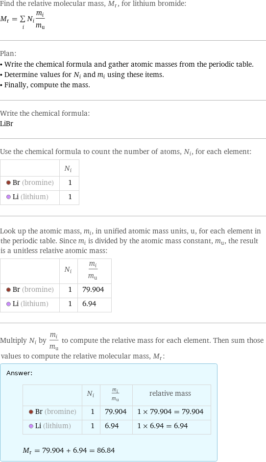 Find the relative molecular mass, M_r, for lithium bromide: M_r = sum _iN_im_i/m_u Plan: • Write the chemical formula and gather atomic masses from the periodic table. • Determine values for N_i and m_i using these items. • Finally, compute the mass. Write the chemical formula: LiBr Use the chemical formula to count the number of atoms, N_i, for each element:  | N_i  Br (bromine) | 1  Li (lithium) | 1 Look up the atomic mass, m_i, in unified atomic mass units, u, for each element in the periodic table. Since m_i is divided by the atomic mass constant, m_u, the result is a unitless relative atomic mass:  | N_i | m_i/m_u  Br (bromine) | 1 | 79.904  Li (lithium) | 1 | 6.94 Multiply N_i by m_i/m_u to compute the relative mass for each element. Then sum those values to compute the relative molecular mass, M_r: Answer: |   | | N_i | m_i/m_u | relative mass  Br (bromine) | 1 | 79.904 | 1 × 79.904 = 79.904  Li (lithium) | 1 | 6.94 | 1 × 6.94 = 6.94  M_r = 79.904 + 6.94 = 86.84