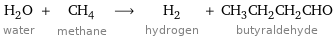 H_2O water + CH_4 methane ⟶ H_2 hydrogen + CH_3CH_2CH_2CHO butyraldehyde