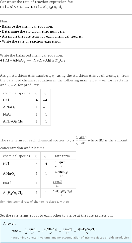 Construct the rate of reaction expression for: HCl + AlNaO_2 ⟶ NaCl + Al(H2O)2Cl3 Plan: • Balance the chemical equation. • Determine the stoichiometric numbers. • Assemble the rate term for each chemical species. • Write the rate of reaction expression. Write the balanced chemical equation: 4 HCl + AlNaO_2 ⟶ NaCl + Al(H2O)2Cl3 Assign stoichiometric numbers, ν_i, using the stoichiometric coefficients, c_i, from the balanced chemical equation in the following manner: ν_i = -c_i for reactants and ν_i = c_i for products: chemical species | c_i | ν_i HCl | 4 | -4 AlNaO_2 | 1 | -1 NaCl | 1 | 1 Al(H2O)2Cl3 | 1 | 1 The rate term for each chemical species, B_i, is 1/ν_i(Δ[B_i])/(Δt) where [B_i] is the amount concentration and t is time: chemical species | c_i | ν_i | rate term HCl | 4 | -4 | -1/4 (Δ[HCl])/(Δt) AlNaO_2 | 1 | -1 | -(Δ[AlNaO2])/(Δt) NaCl | 1 | 1 | (Δ[NaCl])/(Δt) Al(H2O)2Cl3 | 1 | 1 | (Δ[Al(H2O)2Cl3])/(Δt) (for infinitesimal rate of change, replace Δ with d) Set the rate terms equal to each other to arrive at the rate expression: Answer: |   | rate = -1/4 (Δ[HCl])/(Δt) = -(Δ[AlNaO2])/(Δt) = (Δ[NaCl])/(Δt) = (Δ[Al(H2O)2Cl3])/(Δt) (assuming constant volume and no accumulation of intermediates or side products)